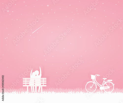 lover come to the garden with bicycle and sit on the chair, looking to the crescent moon or shooting star. valentine card, paper art in pink and white background.