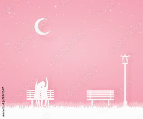 lover sit on the chair and looking to the crescent moon or shooting star. valentine card, paper art in pink and white background.