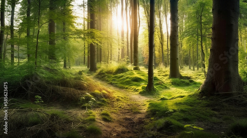 Beautiful forest in spring with bright sunlight shining through the trees