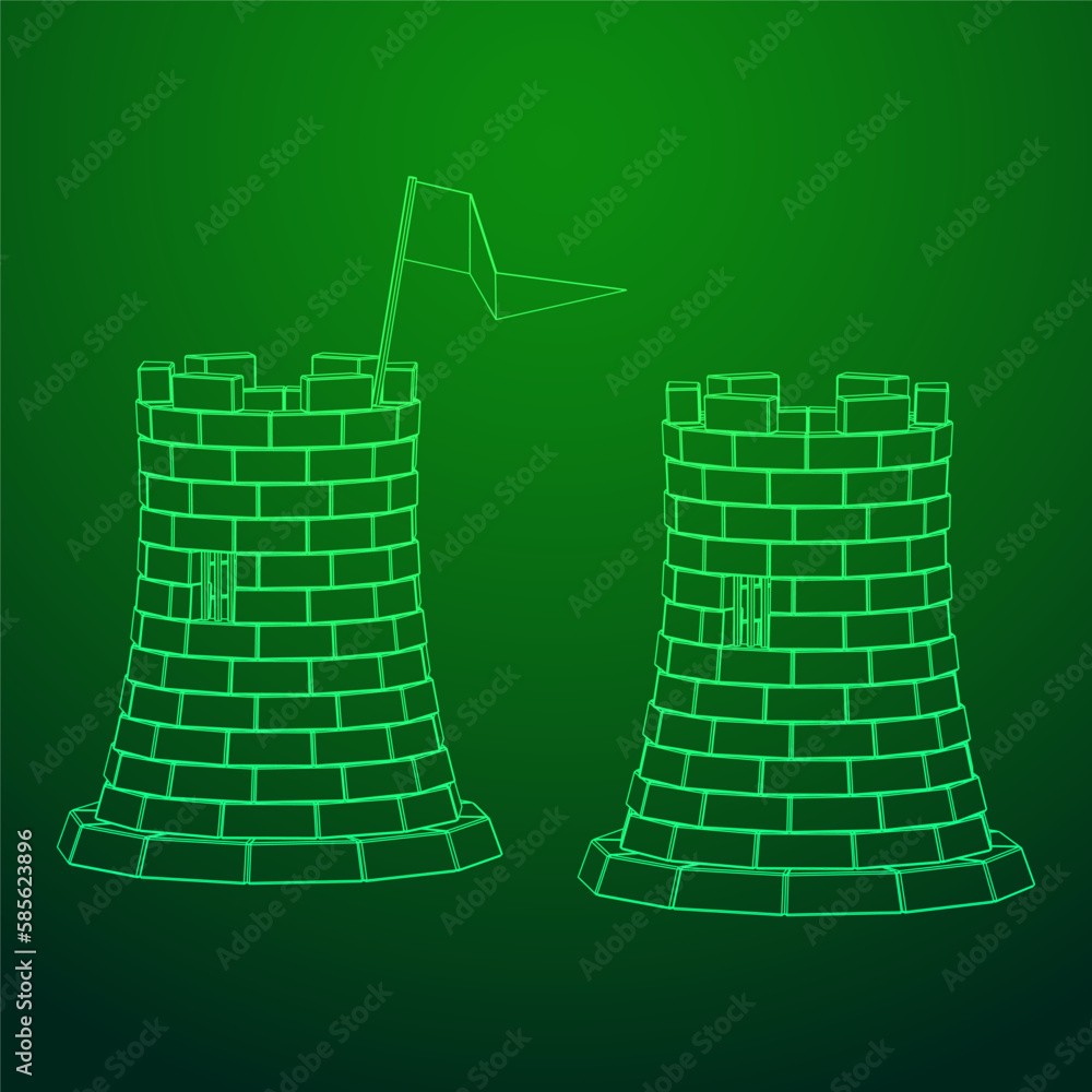 Castle knight tower. Medieval ancient fortress with banner flag Castle knight tower. Medieval ancient fortress with banner flag