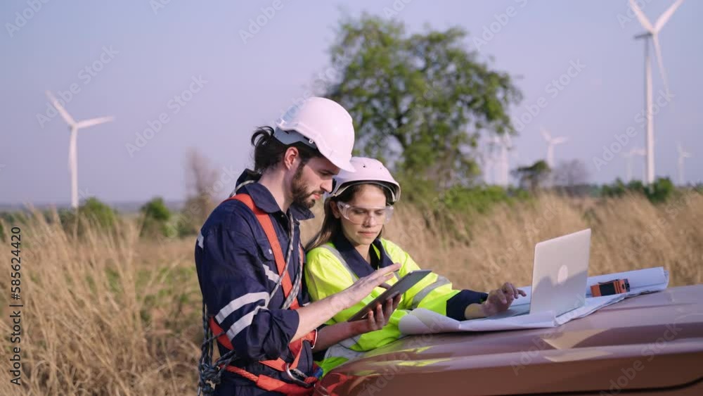 Professional two maintenance engineers in uniform using computer laptop and tablet check and repair wind turbines on construction farm site. Professional two maintenance engineers in uniform using computer laptop and tablet check and repair wind turbines on construction farm site.