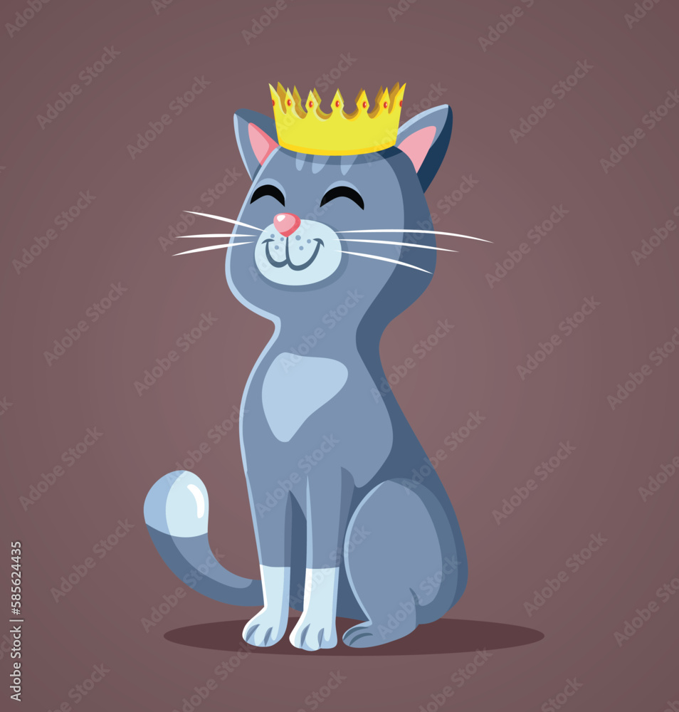 Fototapeta premium Happy Queen Cat Wearing a Golden Crown Vector Cartoon Illustration. Cute purebred kitty standing proud wearing a diadem 