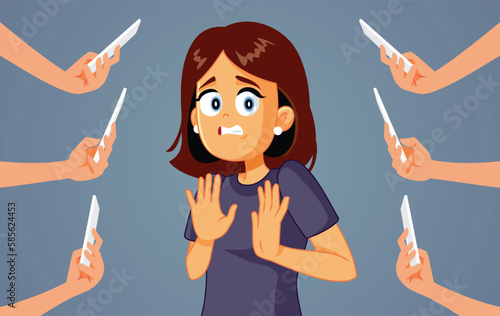 Woman Asking No Photos Taken Vector Concept Illustration. Unhappy girl feeling anxious about being photographed without consent
