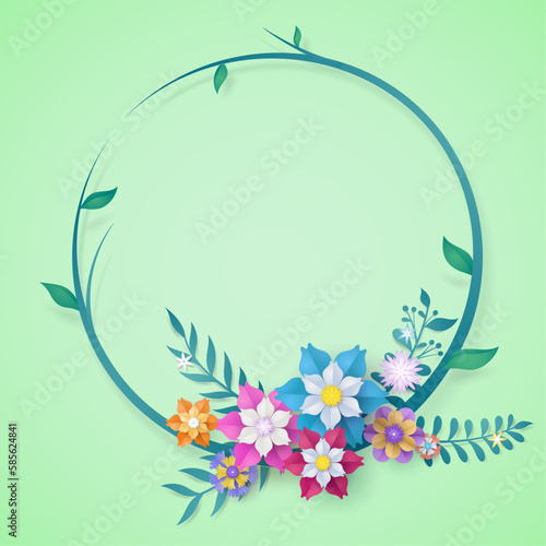 flower paper cut in vector art design with realistic shadows in pastel color tone . Frame or space for add the text label used for a magazine, web, signboard in shopping mall and the other.