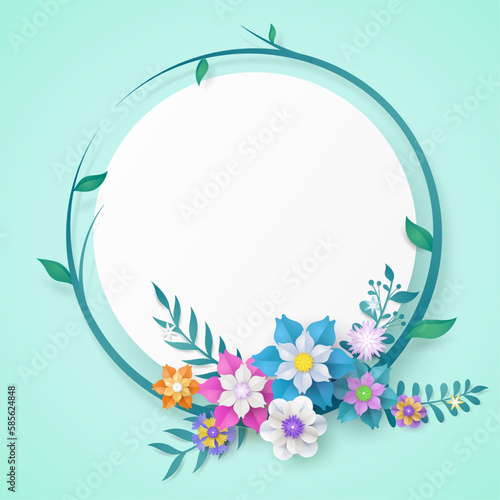 flower paper cut in vector art design with realistic shadows in pastel color tone . Frame or space for add the text label used for a magazine, web, signboard in shopping mall and the other.