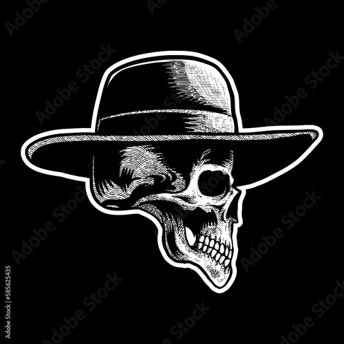 Western cowboy skull hand drawing vector illustration