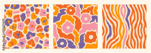 Groovy Seamless Patterns Set with Leopard, Daisy Flowers and Zebra . Psychedelic Abstract Vector Background