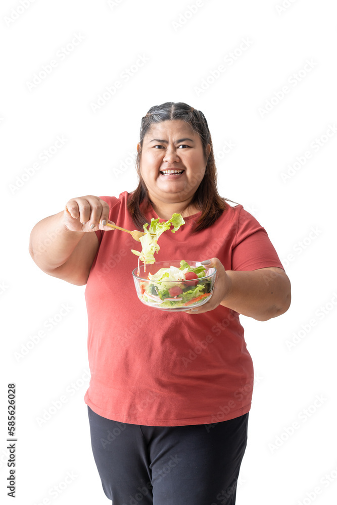 Asian Fat woman happy holding vegetable salad bowl isolated on white and transparent background Asian Fat woman happy holding vegetable salad bowl isolated on white and transparent background
