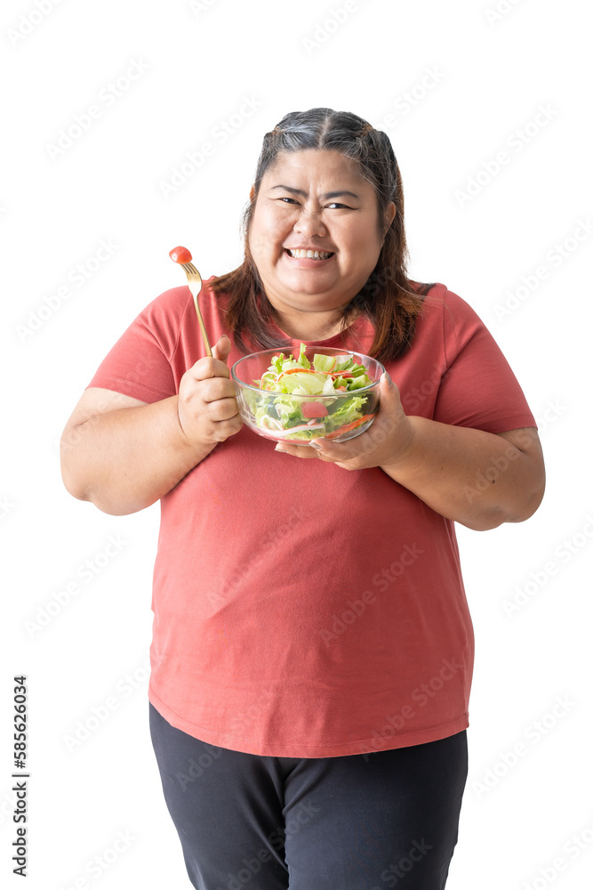 Asian Fat woman happy holding vegetable salad bowl isolated on white and transparent background