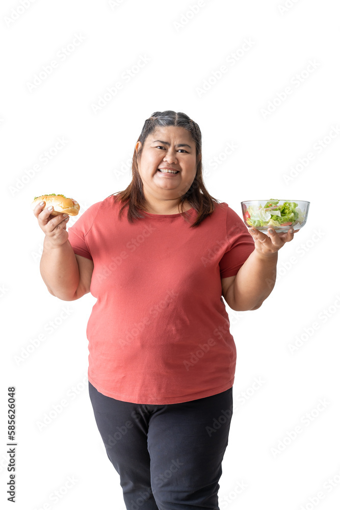 Asian Fat woman holding sandwich and vegetable salad bowl isolated on white and transparent background Asian Fat woman holding sandwich and vegetable salad bowl isolated on white and transparent background