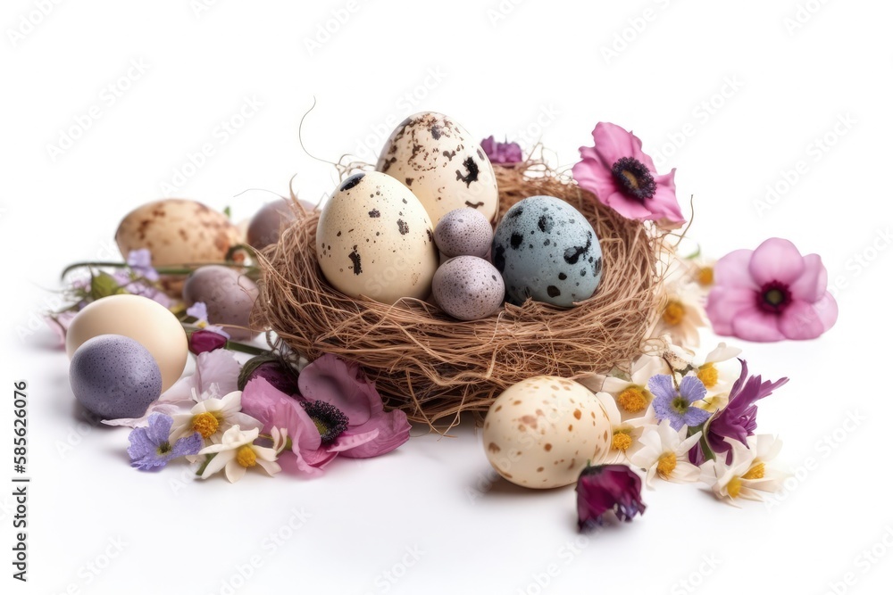 Obraz premium Bird Nest Filled with Eggs Surrounded by Flowers. Generative AI