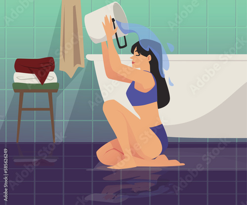 Hardening health boosting procedure at home, flat vector illustration.