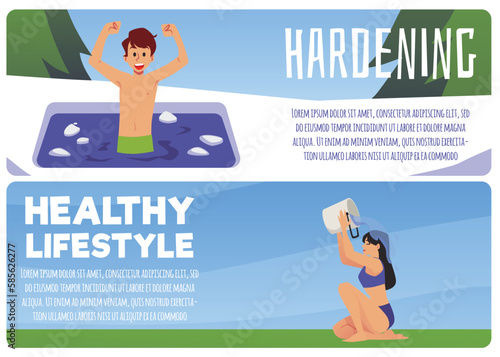 Set of banners of healthy lifestyle and hardening procedures, flat vector.