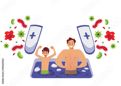 Healthy father and son hardening in ice-hole, flat vector illustration isolated.