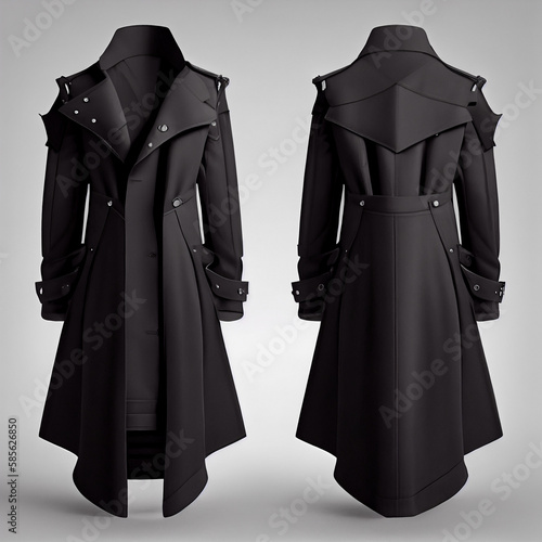 high quality black oversize trench coat, mockup front and back side, white background, Generative AI