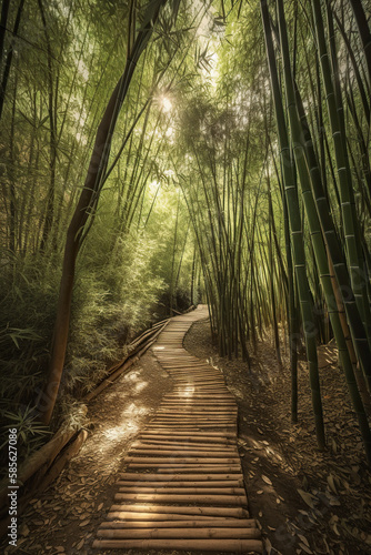 Wooden path through the bamboo forest, Generative AI