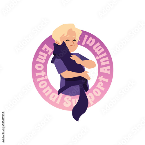 Boy hugging emotional support cat, round icon, flat vector illustration isolated on white background.