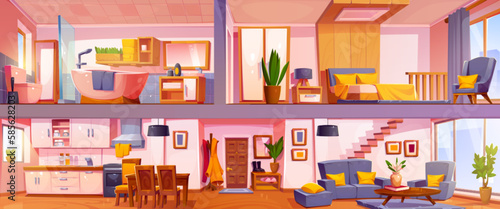 Cross section plan of cartoon house interior design. Vector illustration of cozy two floor apartment with hallway, living room, kitchen, bedroom and bathroom with furniture, equipment and home decor