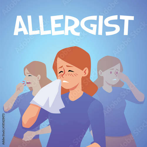 Squared banner with allergist woman flat style, vector illustration
