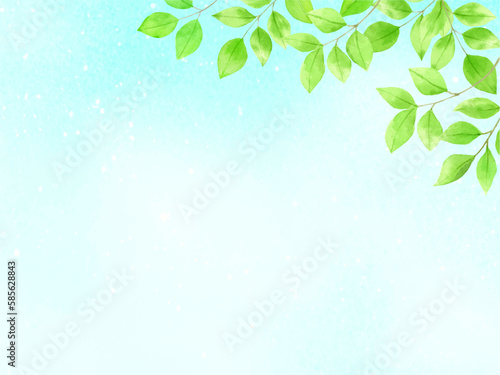水彩で描いた空に新緑の葉のある背景　ベクター