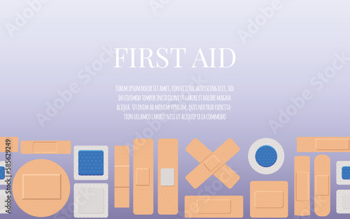 Banner about first aid with medical plasters seamless border flat style