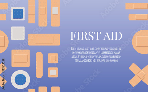 Banner about first aid with plasters flat style, vector illustration