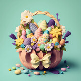 Brighten up your Easter celebration with an generative AI Easter basket! This lovely basket is filled with colorful eggs and beautiful flowers, all tied up with a cheerful yellow bow.