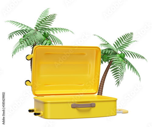 Photography 3d yellow open suitcase empty with palm tree isolated