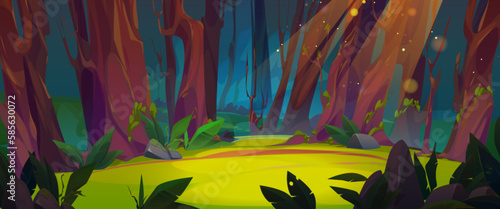 Fantasy forest glade cartoon vector illustration. Magic summer woodland meadow in jungle game scene. Sunshine spot with bokeh light on path in wildlife. Mystic nature wallpaper with trees stem.