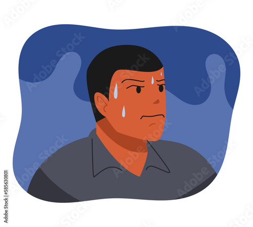 close up of male character sweating on face. concept of panic, anxious, tired. flat vector illustration.