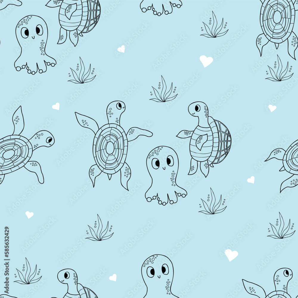Fototapeta premium Seamless pattern with sea animals. Cute octopus and turtles on blue background. Vector illustration in doodle style. Endless background for kids collection, wallpapers, packaging, print.