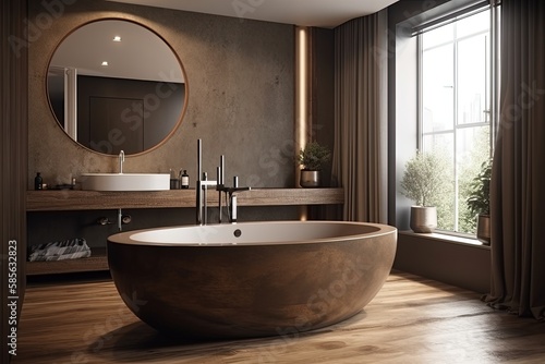 luxurious bathroom with a spacious bathtub and a circular mirror. Generative AI