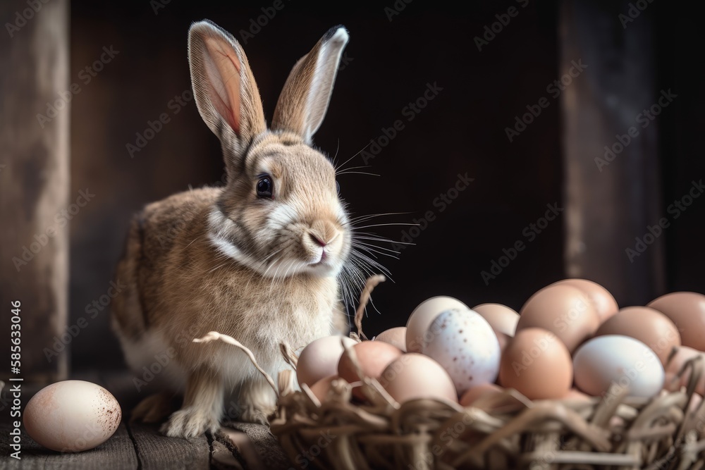 Obraz premium cute rabbit sitting beside a colorful pile of Easter eggs. Generative AI