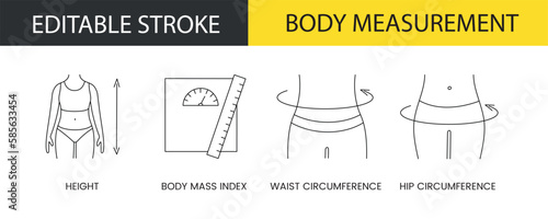Body measurement line icon set in vector, illustration of height and body mass index, waist and hip circumference. editable stroke