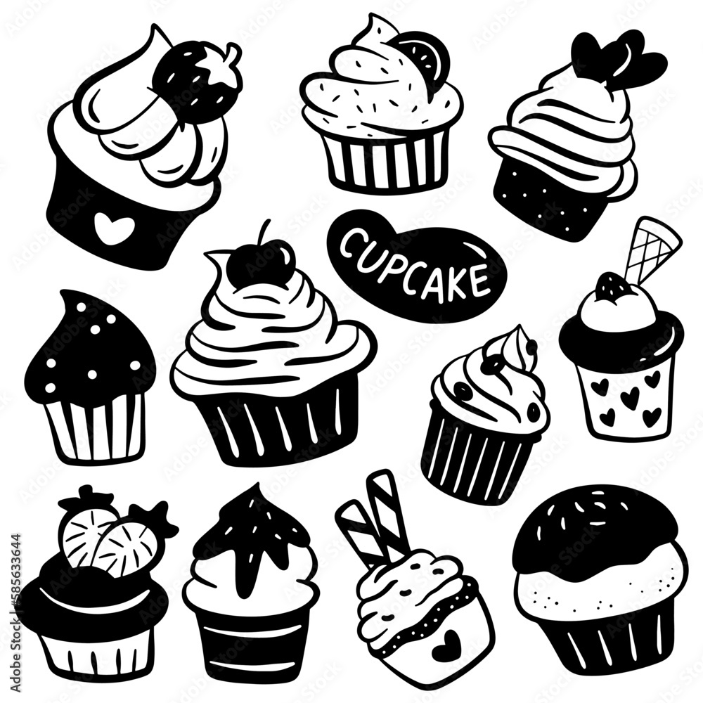 Hand drawn cupcakes silhouette doodle design element Hand drawn cupcakes silhouette doodle design element