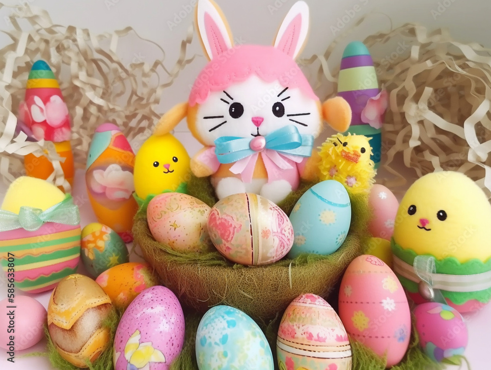 Cute rabbit and easter eggs. Japanese style. Concept of happy easter day.