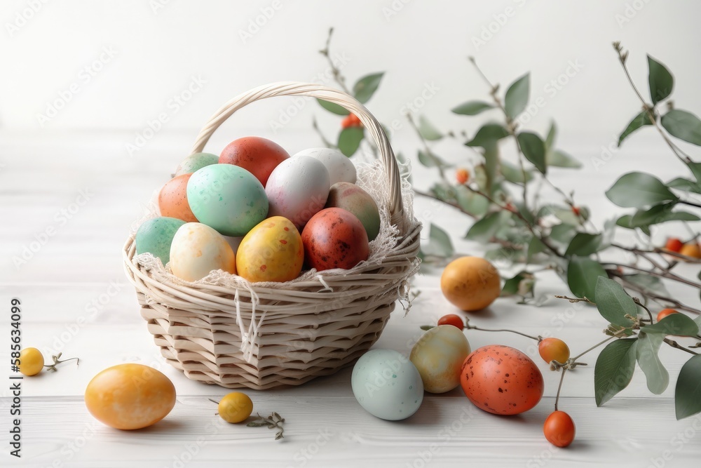 colorful Easter basket filled with eggs. Generative AI colorful Easter basket filled with eggs. Generative AI