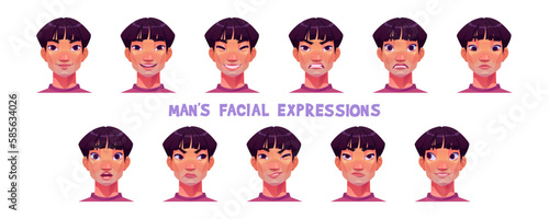 Asian man face, japanese or chinese character with sad, happy and angry emotions. Korean boy avatar with different facial expression isolated on white background, vector cartoon set