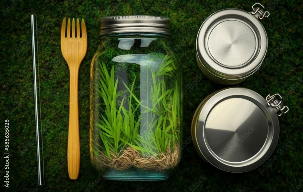 Glass jar, bottle, metal cup, straws for drinking, bamboo cutlery