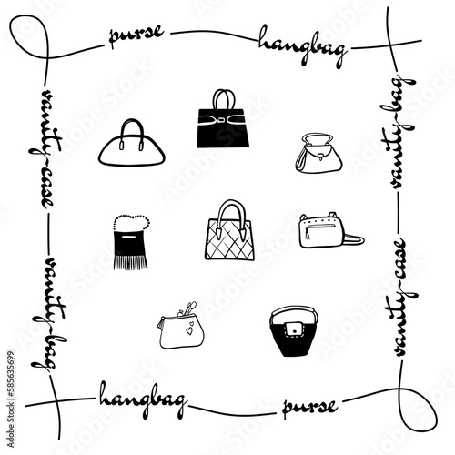 Set doodle of handdrawn woman hangbags and purse photo