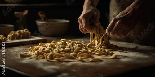 Handmade fresh pasta making process. Generative AI