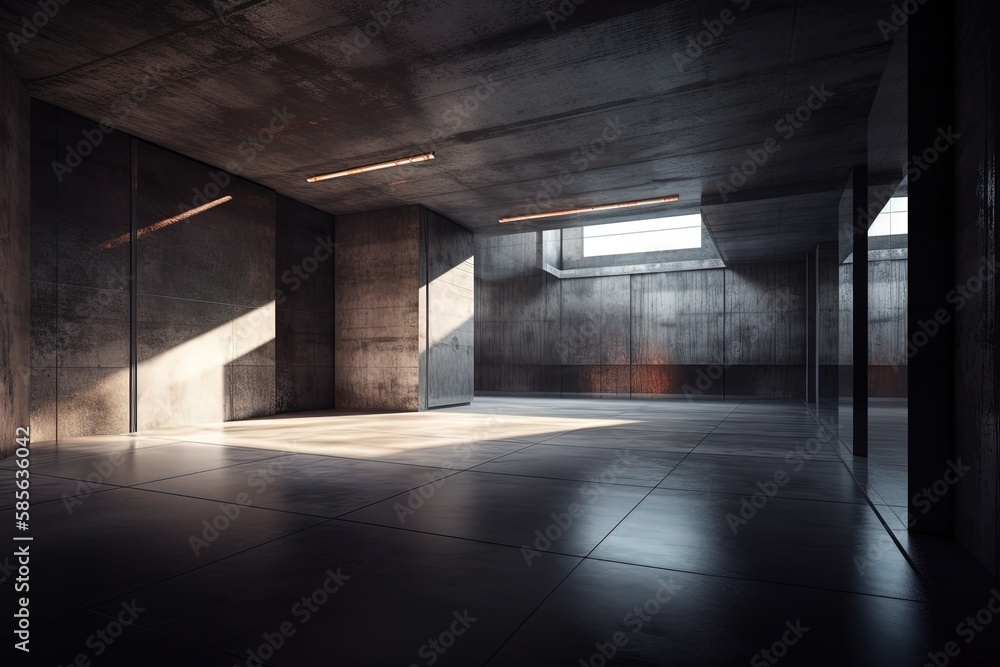 an Empty Room with Minimalist Concrete Walls and Floor. Generative AI