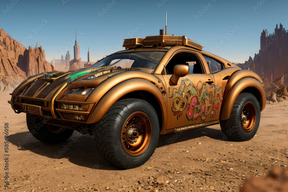 Bronze Sedan 4x4  Dystopian Desert Landscape Survival Custom Vehicle Illustrated Generative Ai Illustration