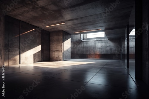 an Empty Room with Minimalist Concrete Walls and Floor. Generative AI