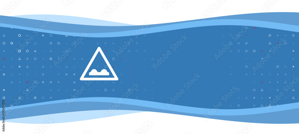 Blue wavy banner with a white rough road symbol on the left. On the background there are small white shapes, some are highlighted in red. There is an empty space for text on the right side Blue wavy banner with a white rough road symbol on the left. On the background there are small white shapes, some are highlighted in red. There is an empty space for text on the right side