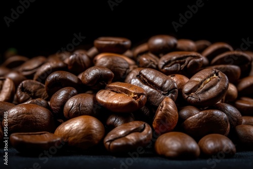 heap of fresh coffee beans on a wooden table. Generative AI