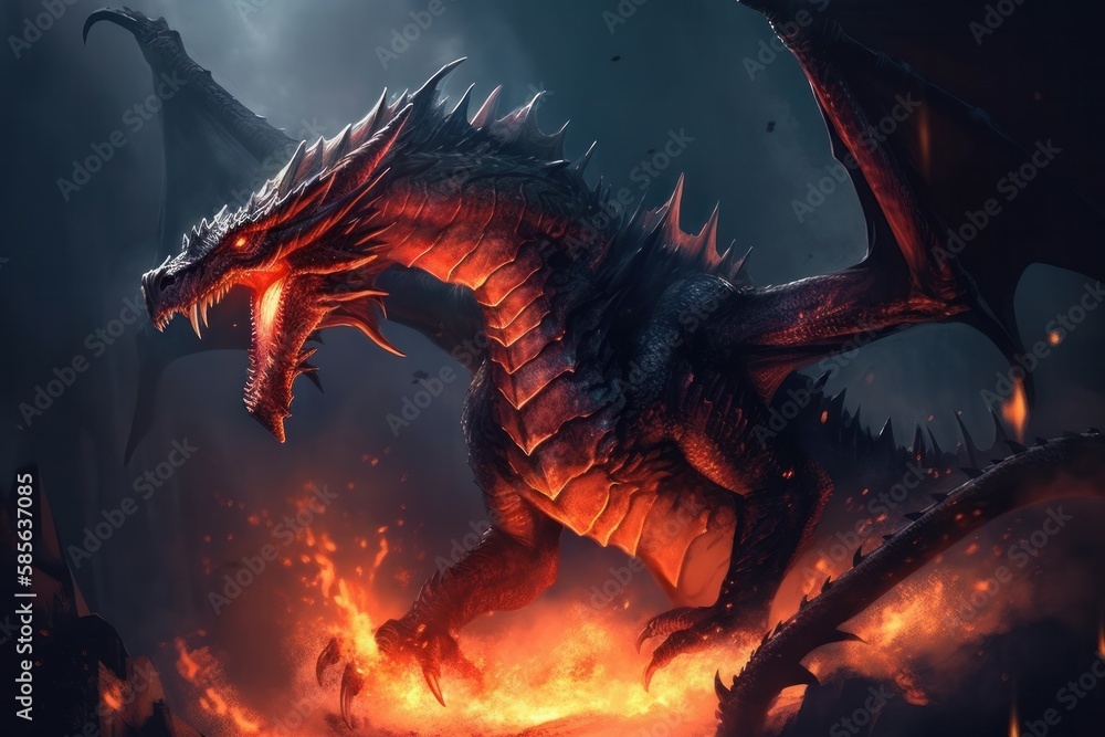Unleashing the Fury: Witness the Epic Battle of Good vs. Evil as a Giant Dragon Breathes Explosive Fire in the Black Night - Concept Art, Generative AI. Unleashing the Fury: Witness the Epic Battle of Good vs. Evil as a Giant Dragon Breathes Explosive Fire in the Black Night - Concept Art, Generative AI.
