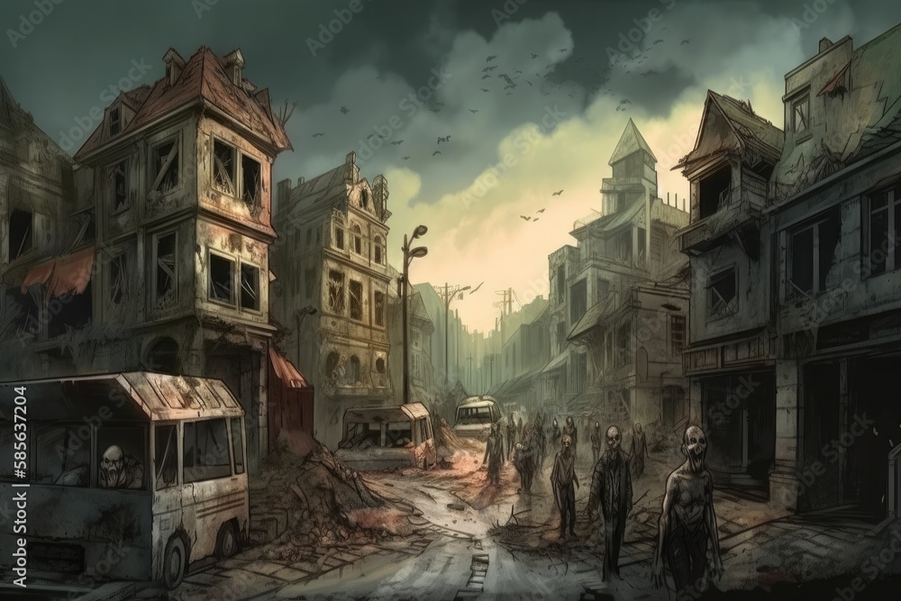 Exploring the Haunting Ruins of an Abandoned City: A Digital Illustration of a Scary Zombie Apocalypse and Creepy Grunge Buildings and Roads, Generative AI.