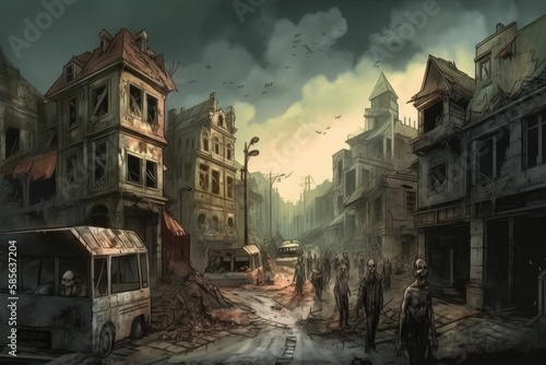 Exploring the Haunting Ruins of an Abandoned City: A Digital Illustration of a Scary Zombie Apocalypse and Creepy Grunge Buildings and Roads, Generative AI.
