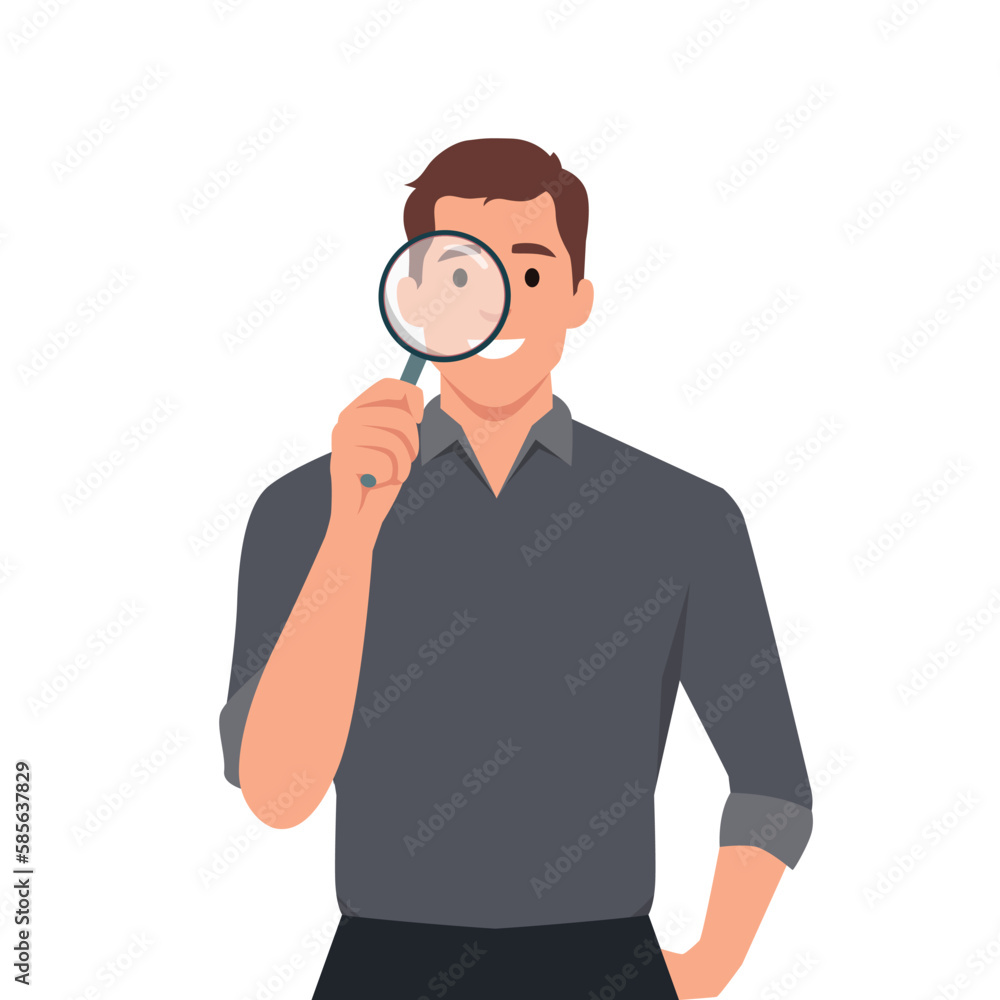 Portrait of young hipster man looking through magnifying glass. Bearded trendy person holding magnifier. Male character design illustration Portrait of young hipster man looking through magnifying glass. Bearded trendy person holding magnifier. Male character design illustration